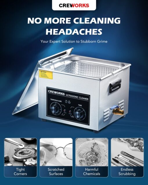 CREWORKS 15L Ultrasonic Cleaner with Knob, Total 760W Professional Industrial Auto Cleaning Machine for Carburetor Repairing Tools Parts Instrument, 40kHz Digital Sonic Cavitation Cleaner with Heater - Image 9