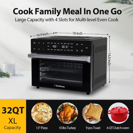 32QT Extra Large Air Fryer, 19-In-1 Air Fryer Toaster Oven Combo with Rotisserie and Dehydrator, Digital Convection Oven Countertop Airfryer Fit 13" Pizza, 6 Accessories, 1800w (Black) - Image 4