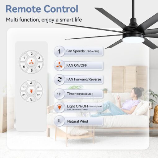 65 Inch Ceiling Fan with Light and Remote, 8-Blade, Reversible DC Motor, 6-Speed, Timer, Industrial Ceiling Fans with Led Light Chandelier for Bedroom Office (Black) - Image 3