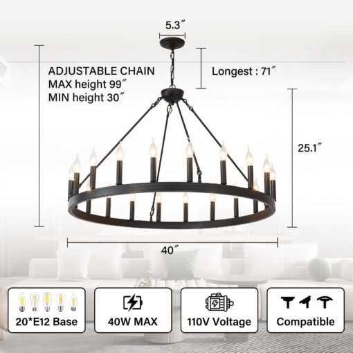 ZBMYRBZJ Black Wagon Wheel Chandelier 40 inch,20-Light Farmhouse Wagon Wheel Chandeliers Round Industrial Ceiling Light fixtures for Outdoor Porch high Ceilings Living Dining Room Foyer Entryway - Image 8