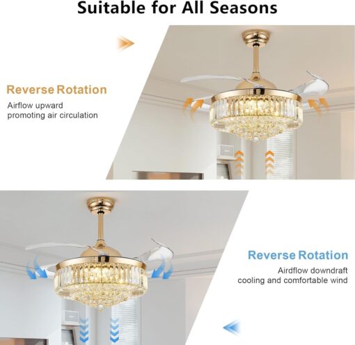 42'' Fandelier Ceiling Fans with Light, Chandelier Ceiling Fan, Retractable Crystal Ceiling Fan for Bedroom, Living Room, 3 Color Change, LED Dimmable, 6 Speeds, Reversible DC Motor-Gold - Image 6