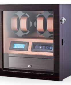 4 Watch Winder with 5 Watch Storage Space, LCD Display, Touch Control and Interior Light (Ebony + Brown)