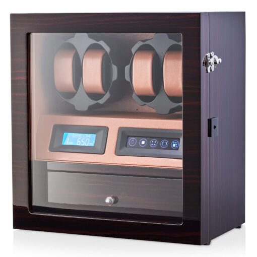 4 Watch Winder with 5 Watch Storage Space, LCD Display, Touch Control and Interior Light (Ebony + Brown)