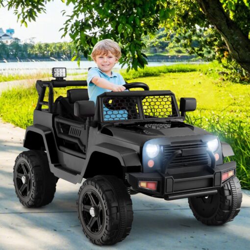 OLAKIDS Kids Ride On Truck, 12V Electric Vehicle Jeep Car with Remote Control, Toddlers Battery Powered Toy with 2 Speeds, Spring Suspension, Double Open Doors, LED Lights, Music, TF, USB, Mp3 (Black) - Image 9
