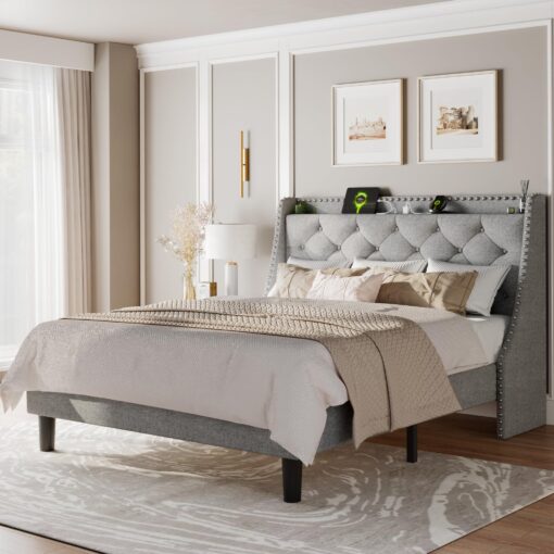 Feonase Full Size Bed Frame with Luxury Wingback and Fast Charging Station,Full Upholstered Button Tufted Storage Headboard Platform Bed,Sturdy Wooden Slats Support,Noise-Free,Easy Assembly,Light Gray