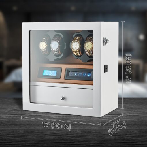 4 Watch Winder with 5 Watch Storage Space, LCD Display, Touch Control and Interior Light (White + Brown) - Image 3