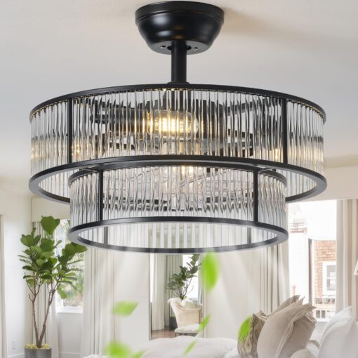 YADZSLY Black Fandelier Ceiling Fans with Lights, 20" Black Crystal Chandelier Ceiling Fan with Light Remote Control, Caged Mid Century with 6 Speeds for Bedroom, Living Room, Nursery