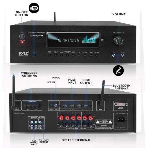 Pyle 1000W Bluetooth Home Theater Karaoke Receiver - 5.2-Ch Stereo Amplifier 2 UHF Wireless Microphone Video Pass-Through Supports, MP3/USB/HDMI/AM/FM Radio - PT888BTWM.5 - Image 7