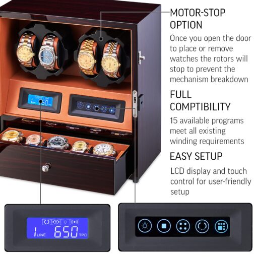 4 Watch Winder with 5 Watch Storage Space, LCD Display, Touch Control and Interior Light (Ebony + Brown) - Image 4