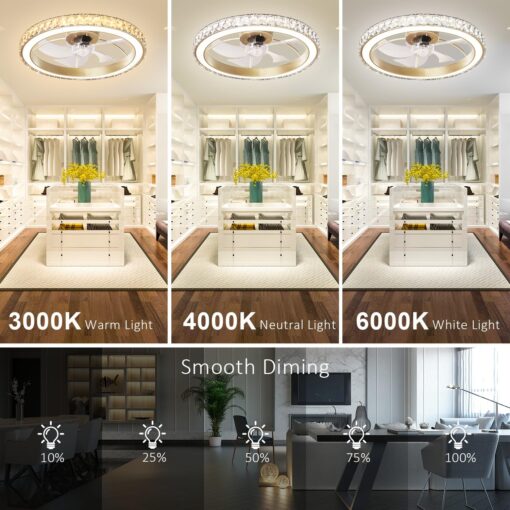 Aipsun Low Profile Modern Crystal Chandelier Ceiling Fans with Lights and Remote, 3000K-6500K Smart Bladeless LED Fan Light, 22" Gold Modern Ceiling Fans with Lights for Bedroom - Image 4