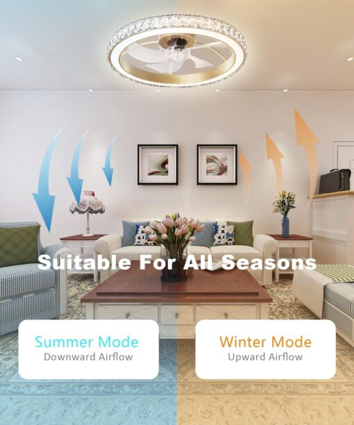 Aipsun Low Profile Modern Crystal Chandelier Ceiling Fans with Lights and Remote, 3000K-6500K Smart Bladeless LED Fan Light, 22" Gold Modern Ceiling Fans with Lights for Bedroom - Image 3
