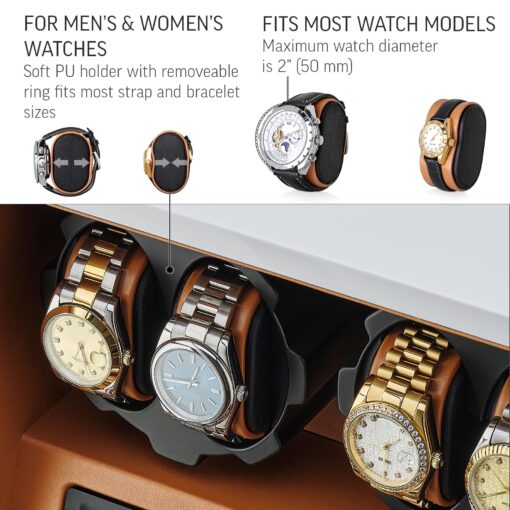 4 Watch Winder with 5 Watch Storage Space, LCD Display, Touch Control and Interior Light (White + Brown) - Image 6