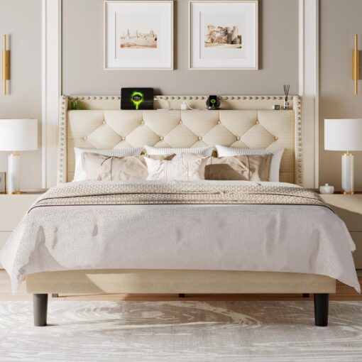 Feonase Full Size Bed Frame with Luxury Wingback and Fast Charging Station,Full Upholstered Button Tufted Storage Headboard Platform Bed, Sturdy Wooden Slats Support, Noise-Free, Easy Assembly, Beige - Image 2