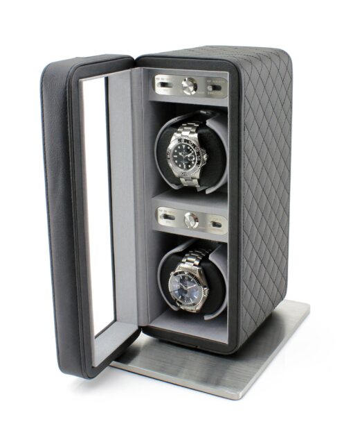 Heiden Monaco Double Watch Winder in Black Leather - Battery Powered or AC Adapter, 12 Program Settings, Diamond Stitched Vegan Leather, Soft Linen Interior, Large Interior Space for Large Watches - Image 5