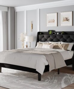 Feonase Full Size Bed Frame with Luxury Wingback and Fast Charging Station,Full Upholstered Button Tufted Storage Headboard Platform Bed,Sturdy Wooden Slats Support,Noise-Free,Easy Assembly,Black