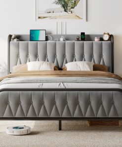 Feonase Velvet Queen Bed Frame with Fast Charging Station,Queen Size Metal Platform Beds with Upholstered Headboard & Footboard,12" Underbed Storage Space,Easy Assembly,Noise-Free,Grey