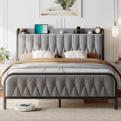 Feonase Velvet Queen Bed Frame with Fast Charging Station,Queen Size Metal Platform Beds with Upholstered Headboard & Footboard,12" Underbed Storage Space,Easy Assembly,Noise-Free,Grey