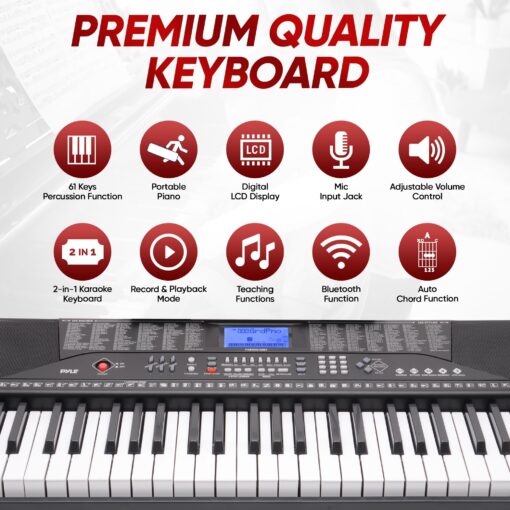 PYLE 61 Key Electric Keyboard Piano, Music Keyboard, LCD Display, Portable Design, Karaoke Function, Includes Headphones, Stand, Stool, Book Rack, Perfect for Beginners - Image 7