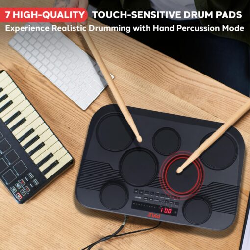 Pyle Electronic Tabletop Digital Drum Set, Compact Portable Drum Pad Kit w/ 7 Touch Sensitive Drum Pads and Pedals, 273 Sounds, USB & Headphone Outputs, MIDI/AUX Inputs, 4x5” Drums & 3x3.5” Cymbals - Image 7