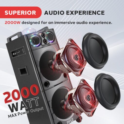 Pyle Portable Bluetooth PA Speaker System - 2000W Active powered Outdoor Bluetooth Speaker Portable PA System w/ Microphone In, Party Lights, USB SD Card Reader, AUX/RCA/FM Radio, Wheels - PSUFM1043BT - Image 7