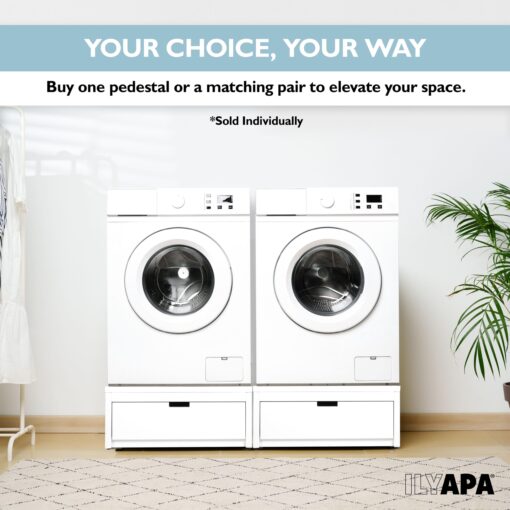 Ilyapa Washer and Dryer Stand - Universal Wooden Laundry Pedestal Washing Machine Stand Base with Drawer - Compatible with Samsung, LG, GE, Maytag - 28x28x12 in. - Patent Pending - Image 2