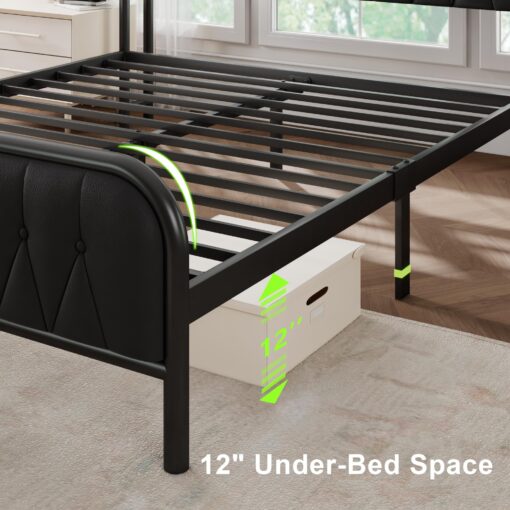 Feonase Leather Queen Bed Frame with Fast Charging Station,Queen Size Metal Platform Beds with Upholstered Headboard & Footboard,12" Underbed Storage Space,Easy Assembly,Noise-Free,Black - Image 3