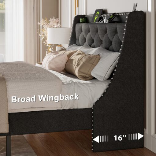 Feonase Full Size Bed Frame with Luxury Wingback and Fast Charging Station,Full Upholstered Button Tufted Storage Headboard Platform Bed,Sturdy Wooden Slats Support,Noise-Free, Easy Assembly,Dark Gray - Image 5