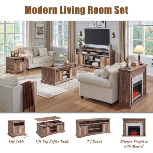 Aitjunz 45" Flip Top Electric Fireplace with Mantel, Electric Fireplace Heater, TV Stand with Freestanding Electric Fireplaces, Remote Control, Adjustable Flame Level for Living Room (Light Brown) - Image 2