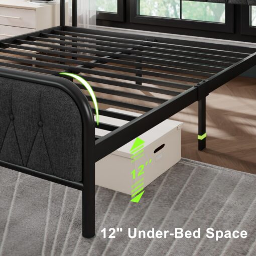 Feonase Full Bed Frame with Type-C & USB Port, Metal Platform Beds, with Linen Upholstered Headboard & Footboard, 12" Underbed Storage Space, Easy Assembly, Noise-Free, Dark Gray - Image 4
