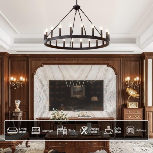 ZBMYRBZJ Black Wagon Wheel Chandelier 40 inch,20-Light Farmhouse Wagon Wheel Chandeliers Round Industrial Ceiling Light fixtures for Outdoor Porch high Ceilings Living Dining Room Foyer Entryway - Image 4