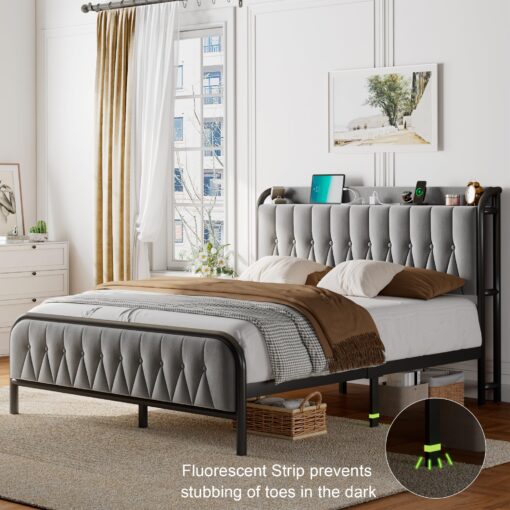 Feonase Velvet Queen Bed Frame with Fast Charging Station,Queen Size Metal Platform Beds with Upholstered Headboard & Footboard,12" Underbed Storage Space,Easy Assembly,Noise-Free,Grey - Image 6