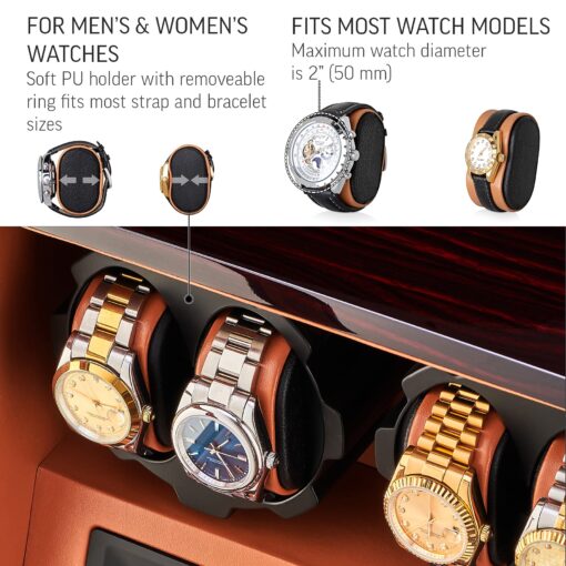 4 Watch Winder with 5 Watch Storage Space, LCD Display, Touch Control and Interior Light (Ebony + Brown) - Image 5