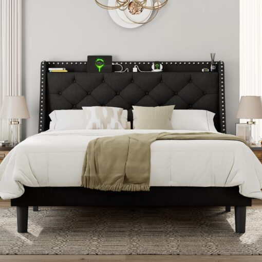 Feonase Queen Bed Frame with Luxury Wingback and Fast Charging Station,Upholstered Button Tufted Storage Headboard Platform Bed,Sturdy Wooden Slats Support,Noise-Free,Easy Assembly,Matte Black - Image 6