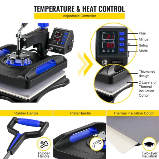 VEVOR 8 in 1 Heat Press Machine 15x15 Inch, 360° Swing Away Shirt Press Machine - Digital Professional Heat Transfer Tshirt Press Machine, Sublimation Heat Press for T Shirts Hat Cap Mug Plate Blue - Image 6