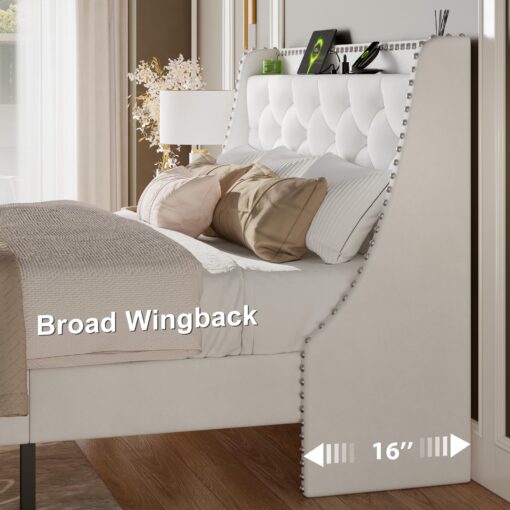 Feonase Full Size Bed Frame with Velvet Luxury Wingback Upholstered Button Tufted Storage Headboard, Full Platform Bed with Charging Station, Sturdy Wooden Slats Support, Easy Assembly, White - Image 5