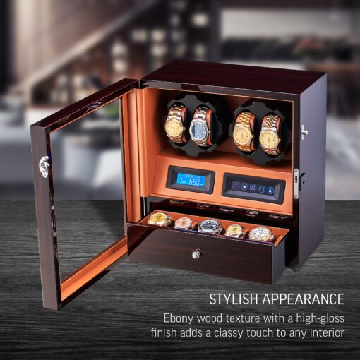 4 Watch Winder with 5 Watch Storage Space, LCD Display, Touch Control and Interior Light (Ebony + Brown) - Image 7