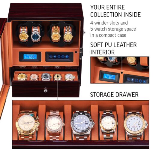4 Watch Winder with 5 Watch Storage Space, LCD Display, Touch Control and Interior Light (Ebony + Brown) - Image 3
