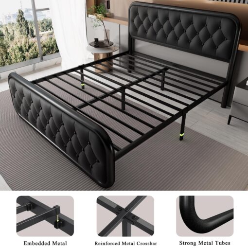 Feonase Full Size Bed Frame, Heavy Duty Bed Frame with Faux Leather Headboard, Upholstered Platform Bed with Strong Metal Slats, 12" Under-Bed Storage, Noise-Free, Easy Assembly, Black - Image 3