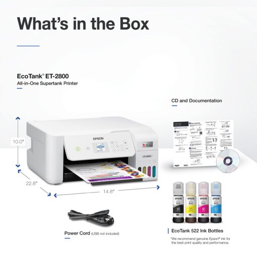 Epson EcoTank ET-2800 Wireless Color All-in-One Cartridge-Free Supertank Printer with Scan and Copy â€“ The Ideal Basic Home Printer - White, Medium - Image 2