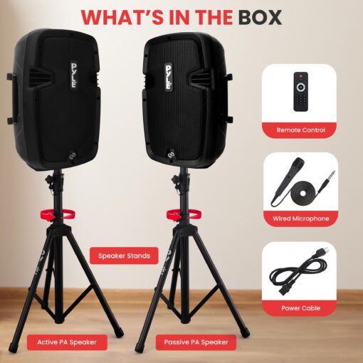 Pyle Powered Bluetooth PA Speaker Kit - Event Ready - Just Plug In and Play Active and Passive 350w Loudspeakers with Wired Microphone, Speaker Stands, Remote - MP3/USB/SD/AUX inputs - PPHP849KT - Image 3