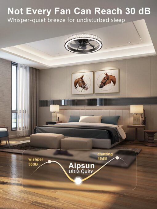 Aipsun Low Profile Modern Crystal Chandelier Ceiling Fans with Lights and Remote, 3000K-6500K Smart Bladeless LED Fan Light, 22" Black Modern Ceiling Fans with Lights for Bedroom - Image 5