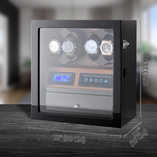 4 Watch Winder with 5 Watch Storage Space, LCD Display, Touch Control and Interior Light (Black + Brown) - Image 2