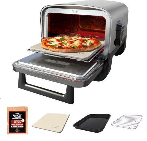 Ninja Woodfire Outdoor Pizza Oven, 8-in-1 Portable Electric Roaster Oven, Heats up to 700°F, 5 Artisan Pizza Settings, Integrated BBQ Smoker Box, Includes Flavored Wood Pellets, Grey (Renewed)