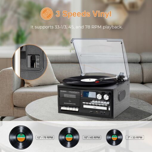 9-in-1 Vintage Turntable Record Player with Bluetooth, Built-in Speakers, AM/FM Radio, CD & Cassette Playback, USB/SD/MMC Support, Remote Control, Aux Input, RCA Output Black - Image 6