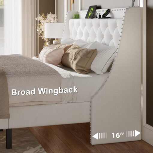 Feonase King Size Bed Frame with Velvet Luxury Wingback Upholstered Button Tufted Storage Headboard, King Platform Bed with Charging Station, Sturdy Wooden Slats Support, Easy Assembly, White - Image 4