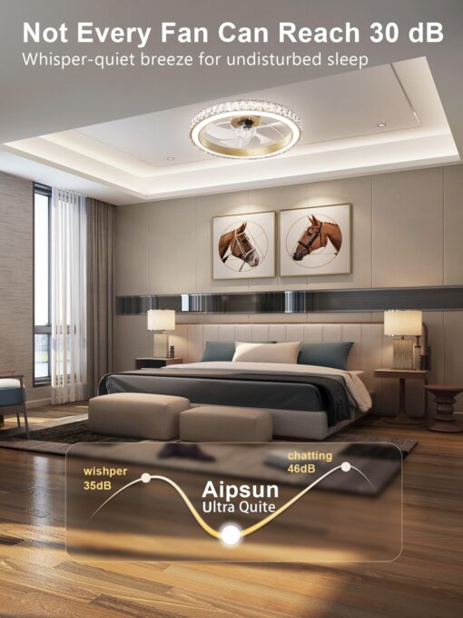 Aipsun Low Profile Modern Crystal Chandelier Ceiling Fans with Lights and Remote, 3000K-6500K Smart Bladeless LED Fan Light, 22" Gold Modern Ceiling Fans with Lights for Bedroom - Image 5
