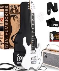 Pyle Heavy Metal EG Fire Electric Guitar Axe w/ Amplifier Kit, Full Size Instrument w/ Practice Amp & Accessories, White Matte
