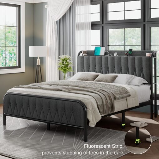 Feonase Full Bed Frame with Type-C & USB Port, Metal Platform Beds, with Linen Upholstered Headboard & Footboard, 12" Underbed Storage Space, Easy Assembly, Noise-Free, Dark Gray - Image 2