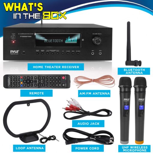 Pyle 1000W Bluetooth Home Theater Karaoke Receiver - 5.2-Ch Stereo Amplifier 2 UHF Wireless Microphone Video Pass-Through Supports, MP3/USB/HDMI/AM/FM Radio - PT888BTWM.5 - Image 2