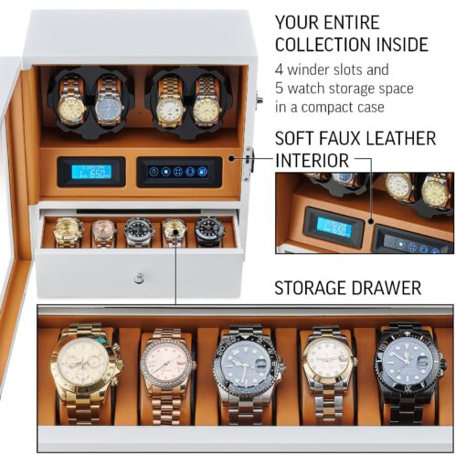 4 Watch Winder with 5 Watch Storage Space, LCD Display, Touch Control and Interior Light (White + Brown) - Image 4